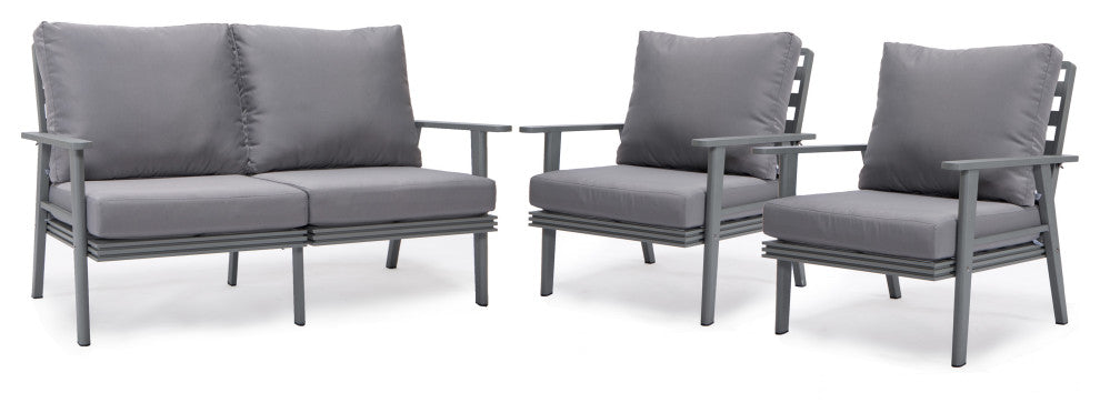 LeisureMod Walbrooke 3-Piece Patio Set With Gray Aluminum Frame and Cushions, Grey