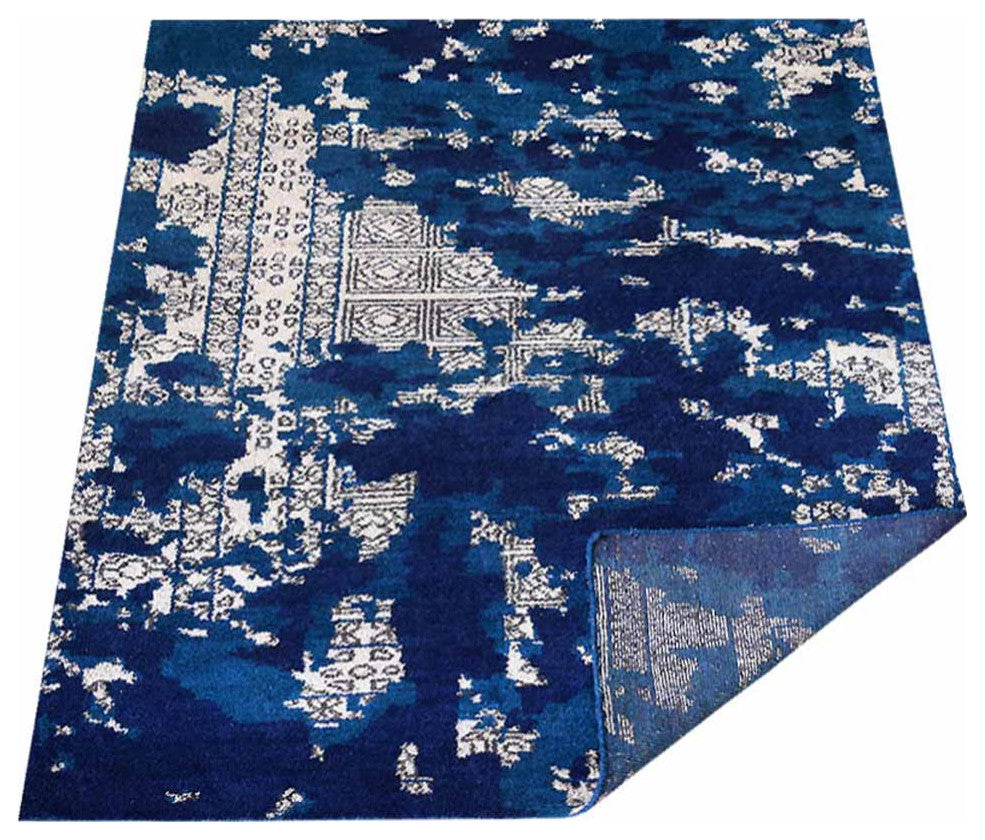 Hand Knotted Silk Area Rug Abstract Blue Beige