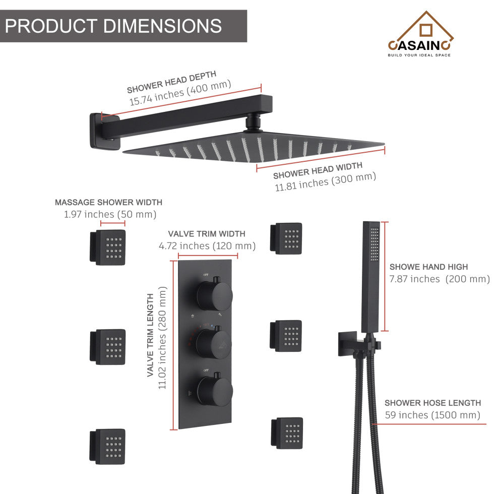 CASAINC 12" Wall Mounted 3 Way Thermostatic Luxury Shower System Set, Matte Black