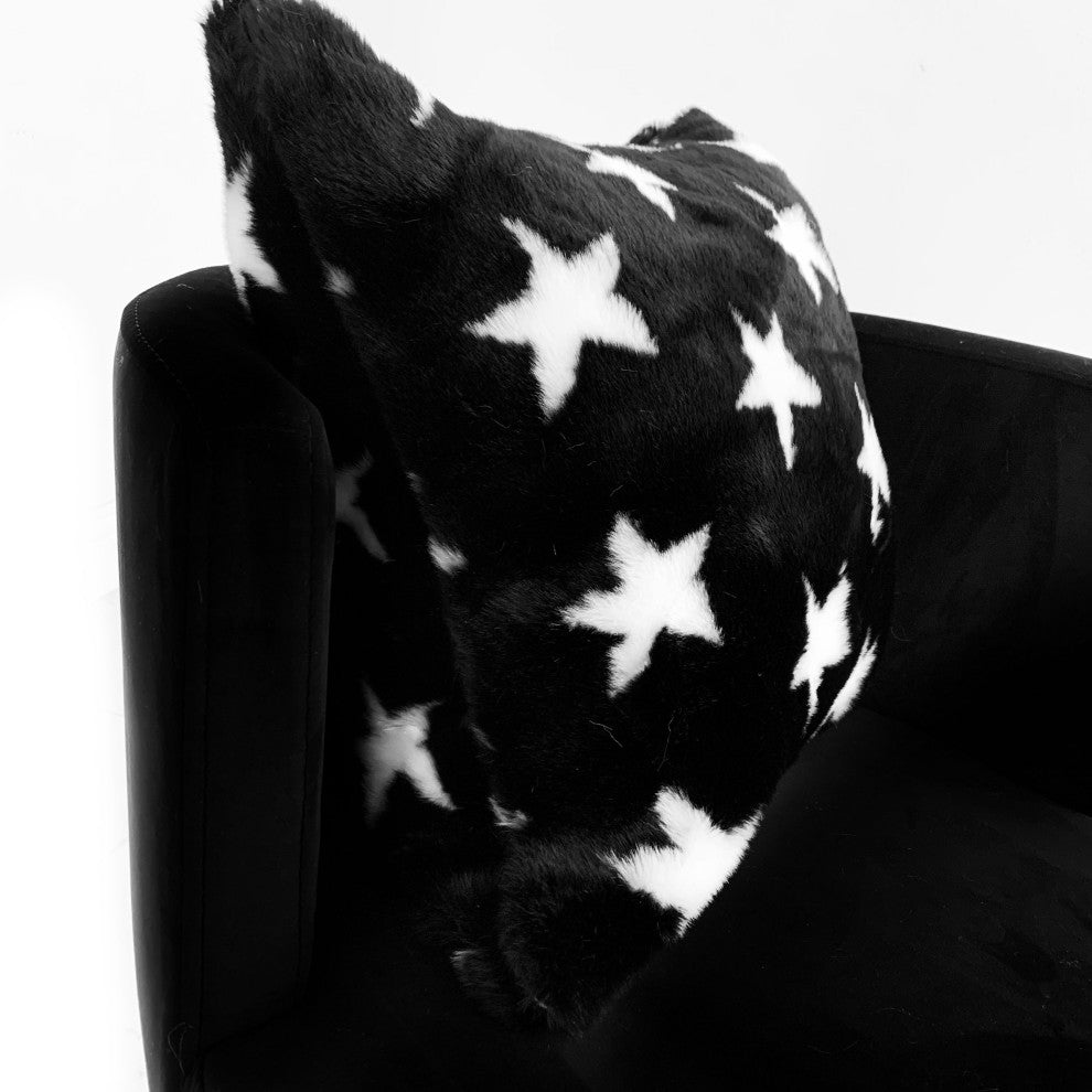 Plutus Black and White Stars Soft Animal Faux Fur Luxury Throw Pillow, 24"x24"