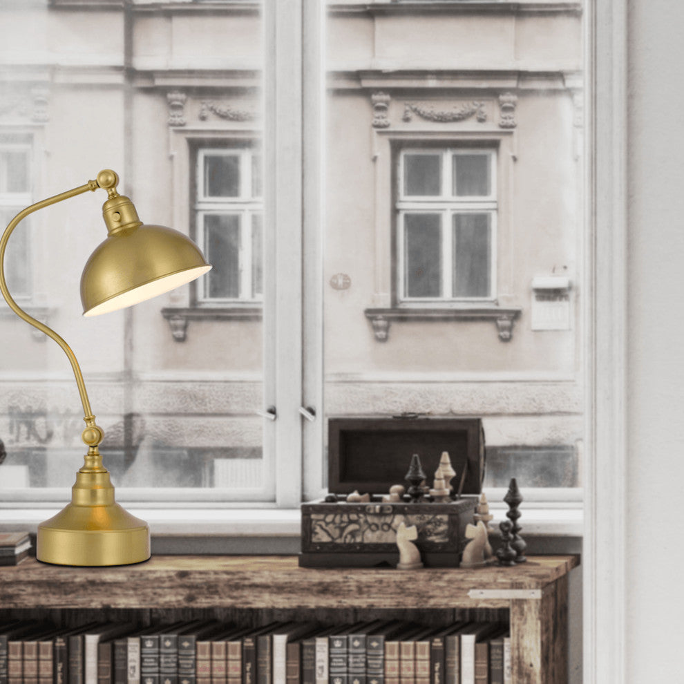 25" Antiqued Brass Metal Desk Table Lamp With Antiqued Brass Dome Shade