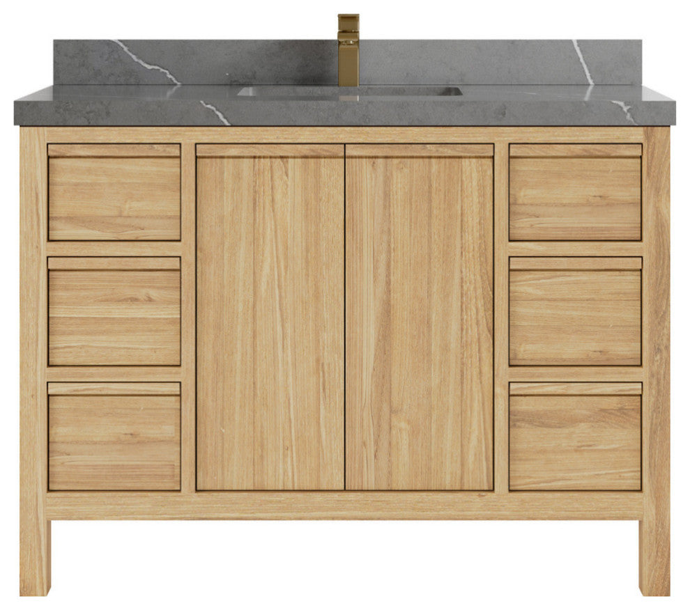 Elizabeth 48 Single Sink Bath Vanity in Light Natural Teak 2" Piatra Gray