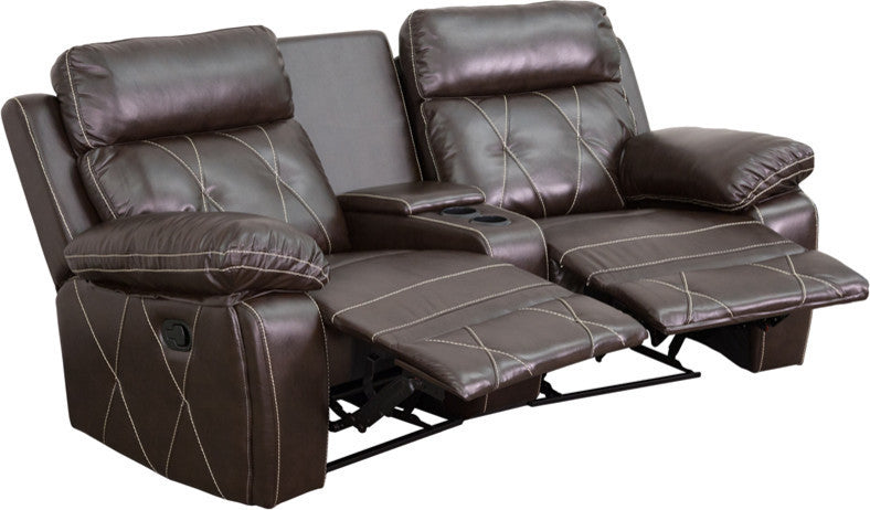 2-Seat Reclining Brown Leather Theater Seating With Curved Cup Holders