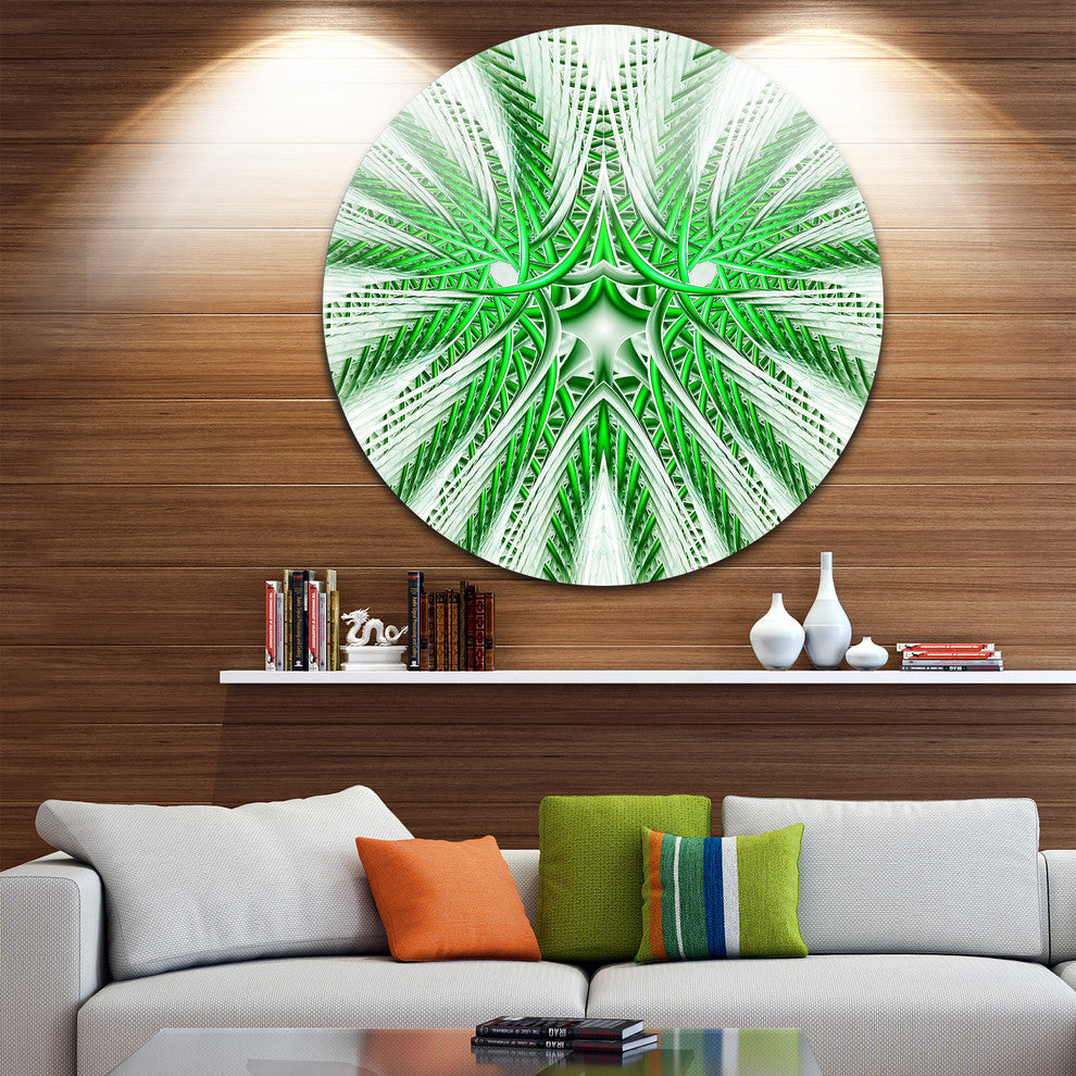 Glowing Green Fractal Flower In White, Abstract Disc Metal Artwork, 23"