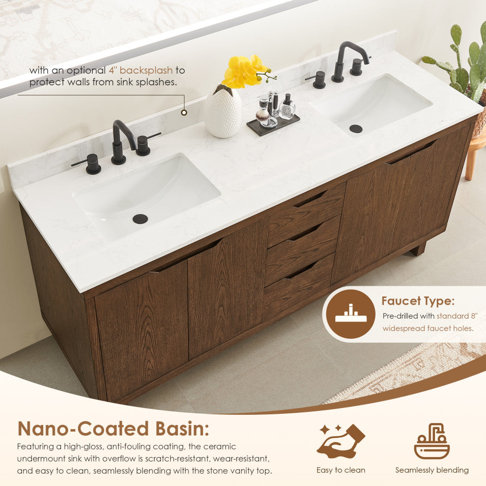 Mowry Bathroom Vanity, Brown Brushed Oak, 72", No Mirror
