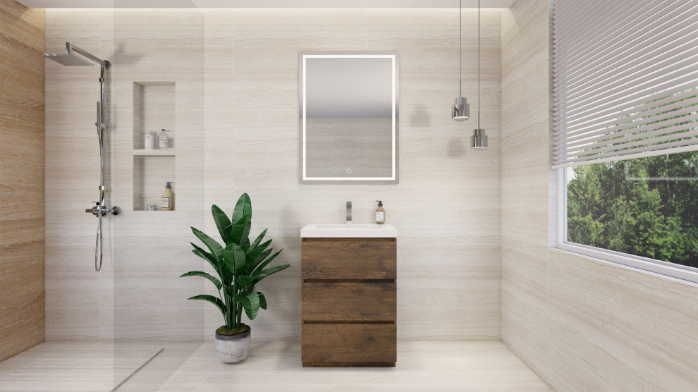 Alston 24" Free Standing Modern Vanity, Rosewood, Glossy White Top