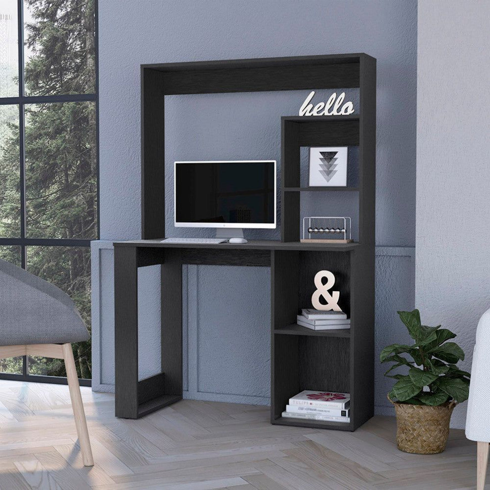 Carroll Computer Desk With Hutch and 5 Open Shelves, Black