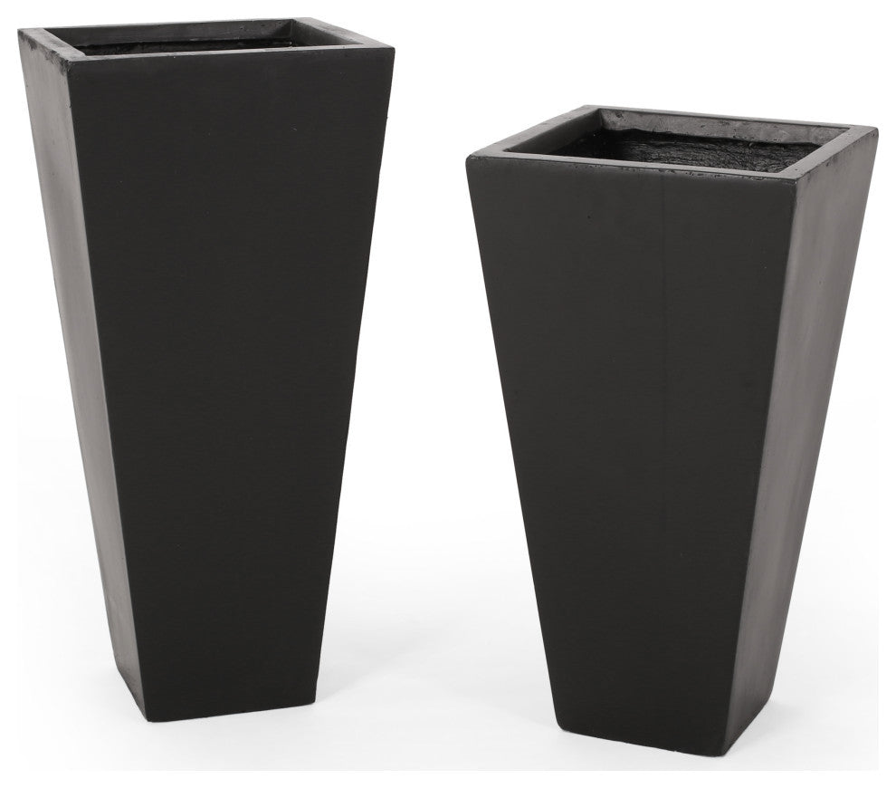 Ephraim Outdoor Medium and Small Cast Stone Planter Set, Matte Black