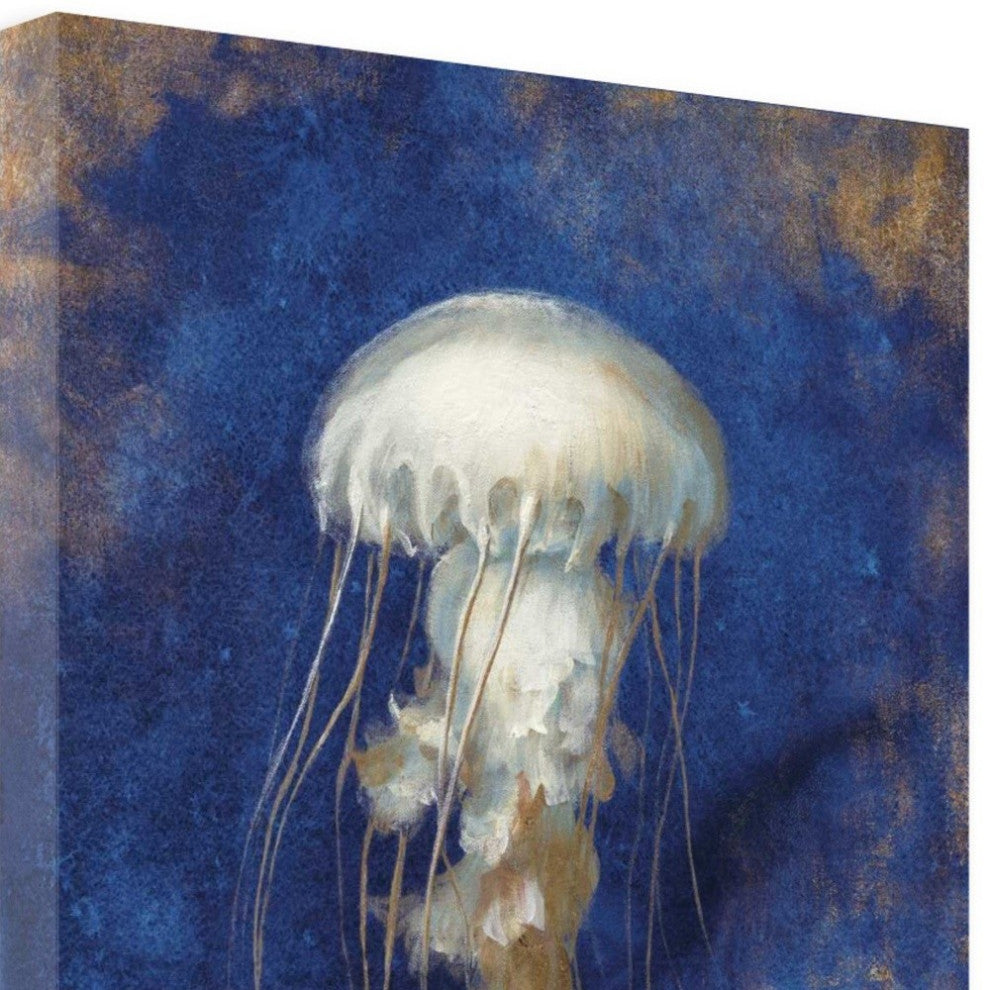 25"  Rustic Deep Blue and Gold Jelly Fish Giclee Wrap Canvas Wall Art