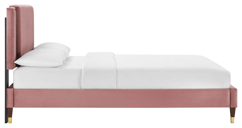 Zahra Channel Tufted Performance Velvet Full Platform Bed, Dusty Rose