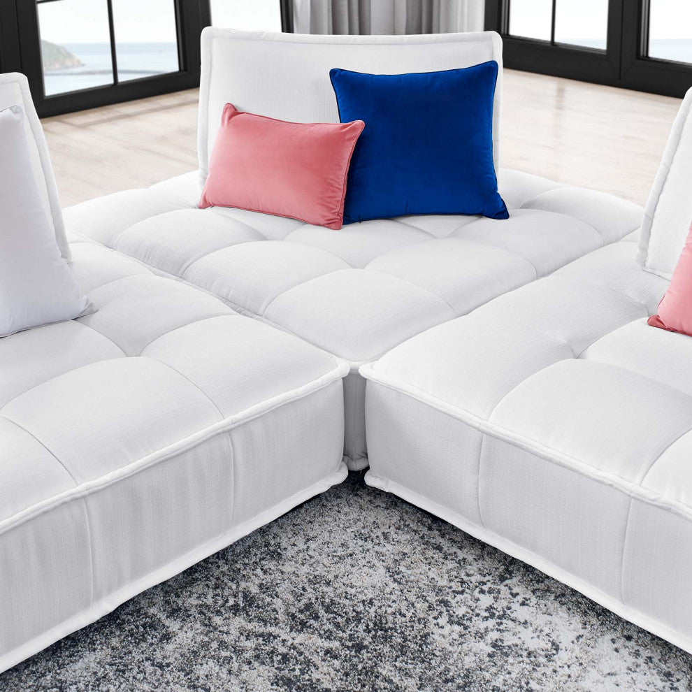 Modular Deep Tufted Sectional Sofa Set, White, Fabric, Modern, Cafe Hospitality