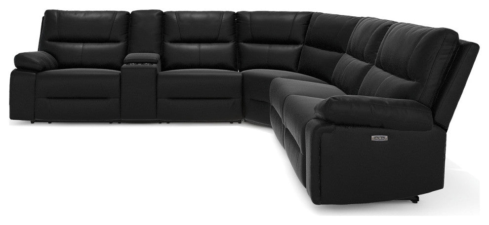 Malibu 130" Top Grain Leather 6-Piece Power Reclining Sectional, Coal Black