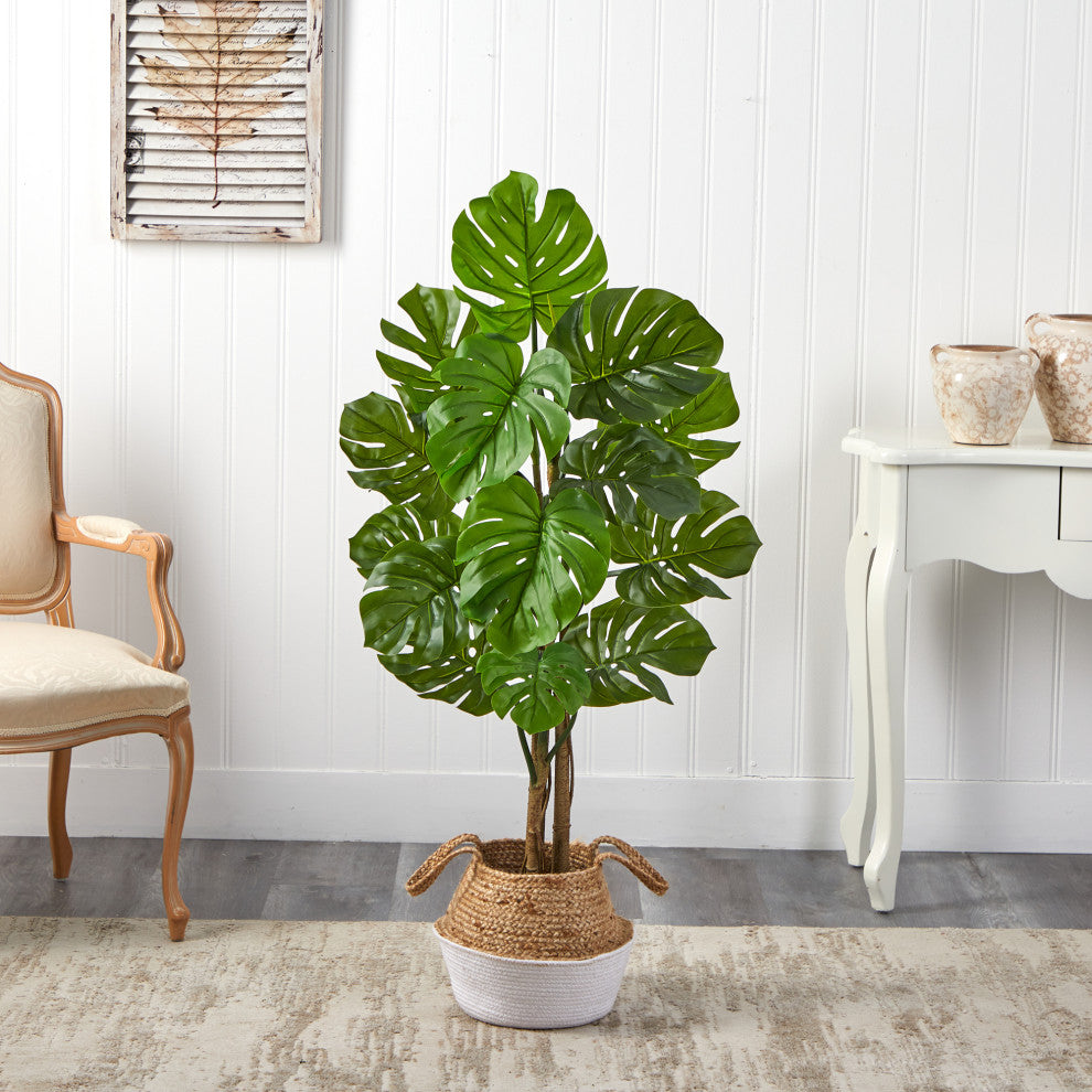 4' Monstera Faux Tree, Boho Chic Handmade Cotton & Jute White Woven Planter
