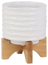 Ceramic 7" Planter On Stand, White Stripe