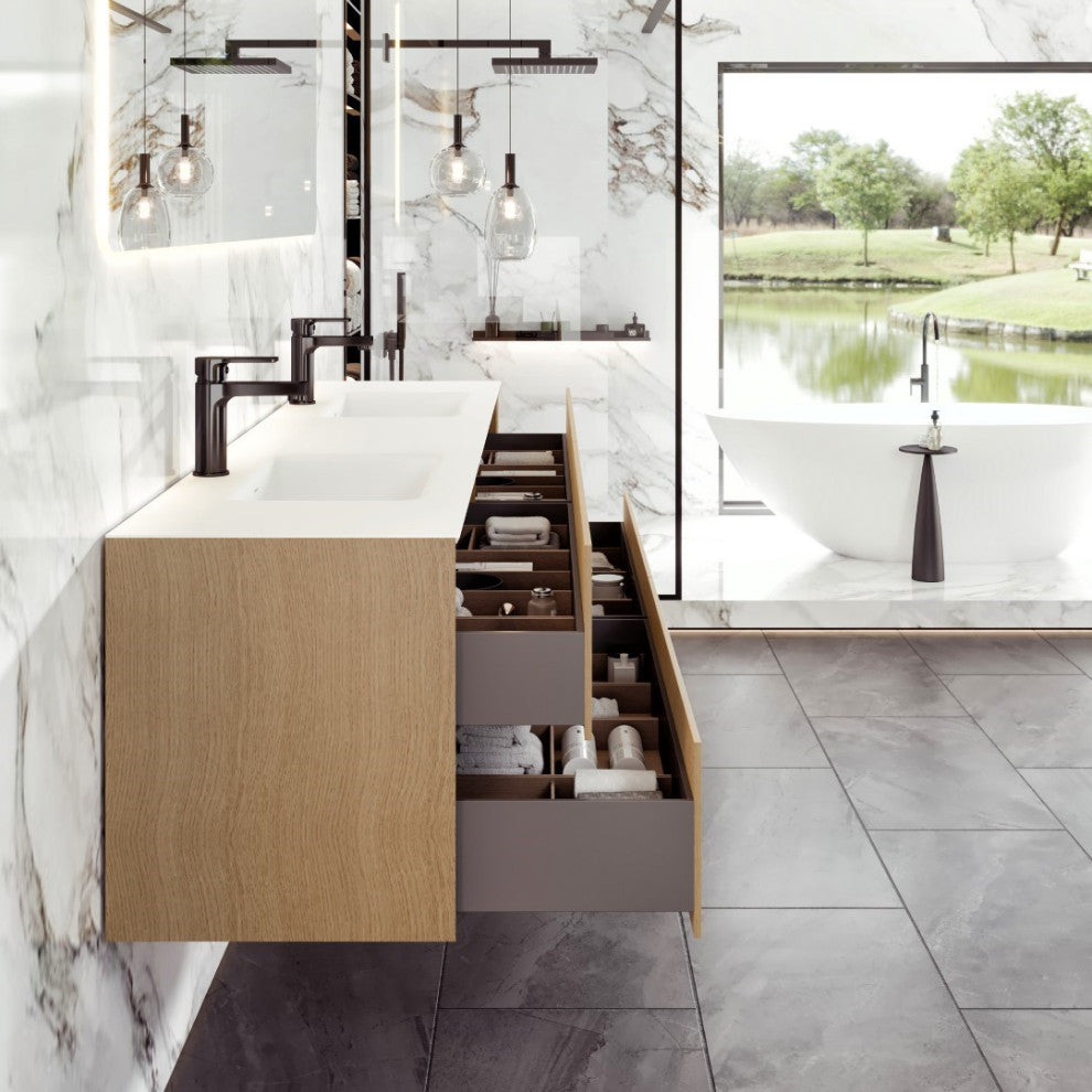 Lotus 71"W Oak Wallmount Vanity With White Solid Surface Int. Double Sink Top
