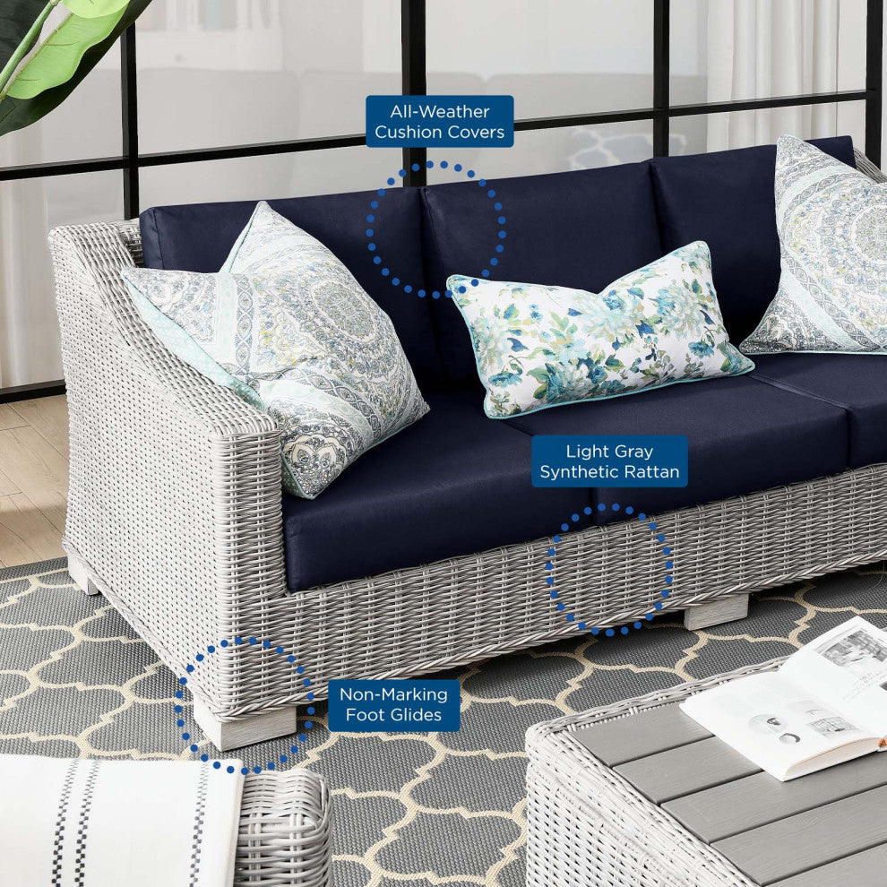 Conway Outdoor Patio Wicker Rattan Sofa Light Gray Navy