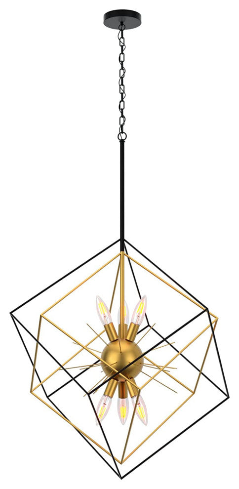 6 Light Modern Sputnik Chandelier Adjustable Black and Gold Cage Pendant Lamp
