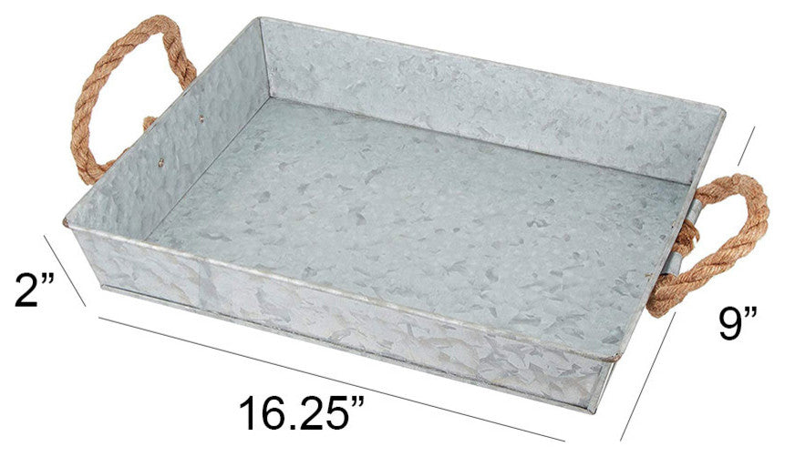 Benzara Mix Media Galvanized Tray  With Rope Handles, Gray