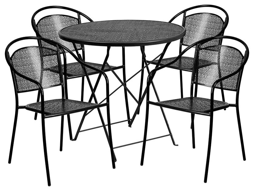 30'' Round Black Indoor-Outdoor Steel Patio Table Set With 4 Round Back Chairs
