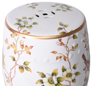 White Garden Stool with Floral and Bird Motif