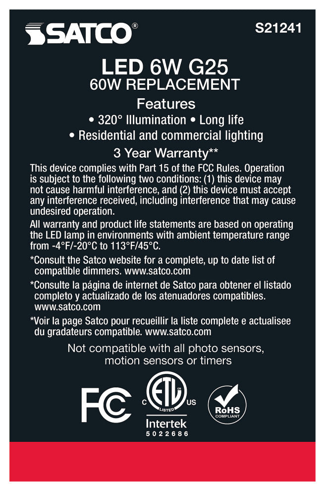 6W G25 LED, White, Medium Base, 90 CRI, 5000K, 120V