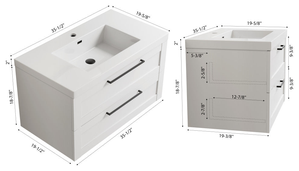 The Cosmo Wall Mounted Modern Bathroom Vanity, White, 36"