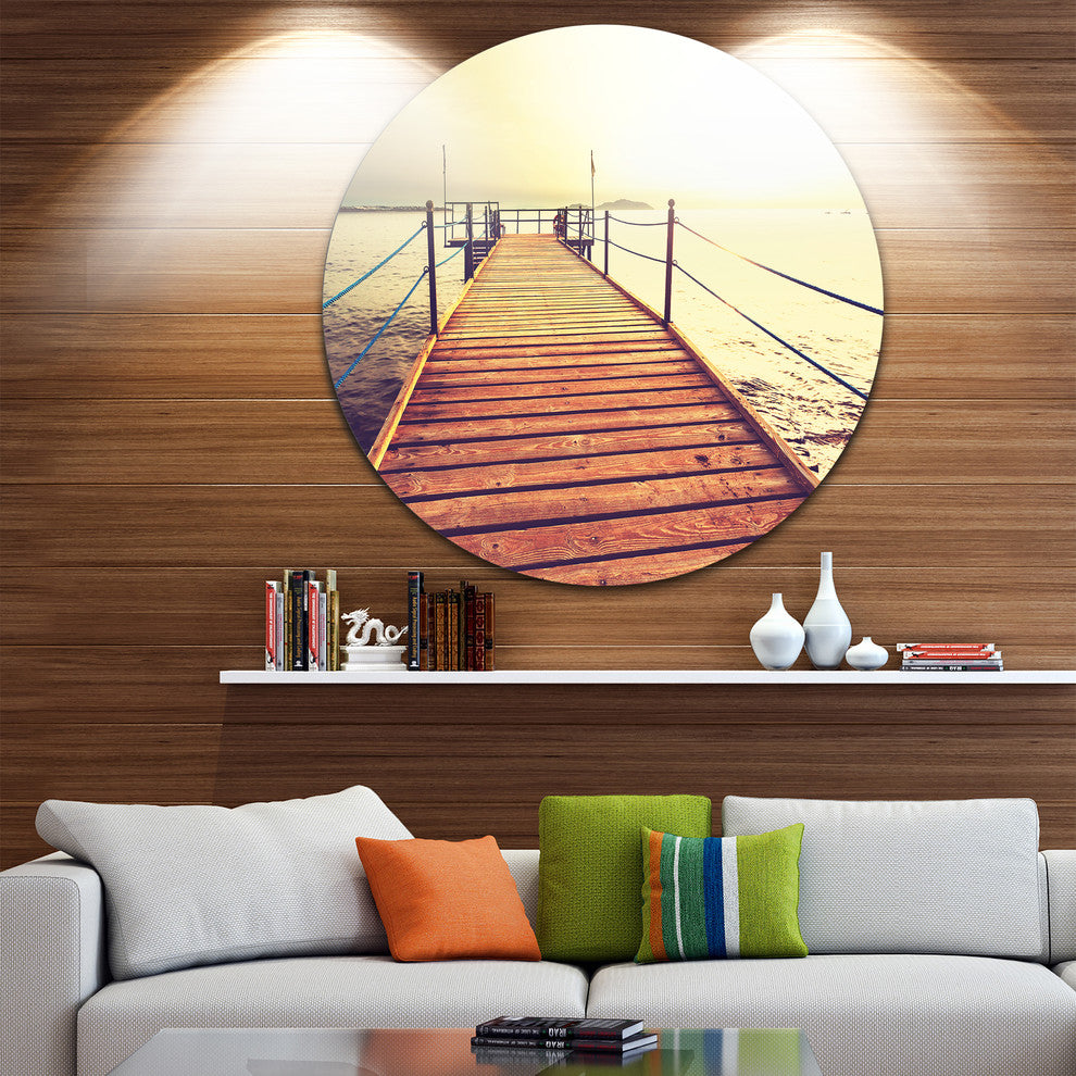 Brown Wooden Boardwalk To The Sea, Sea Bridge Round Wall Art, 23"