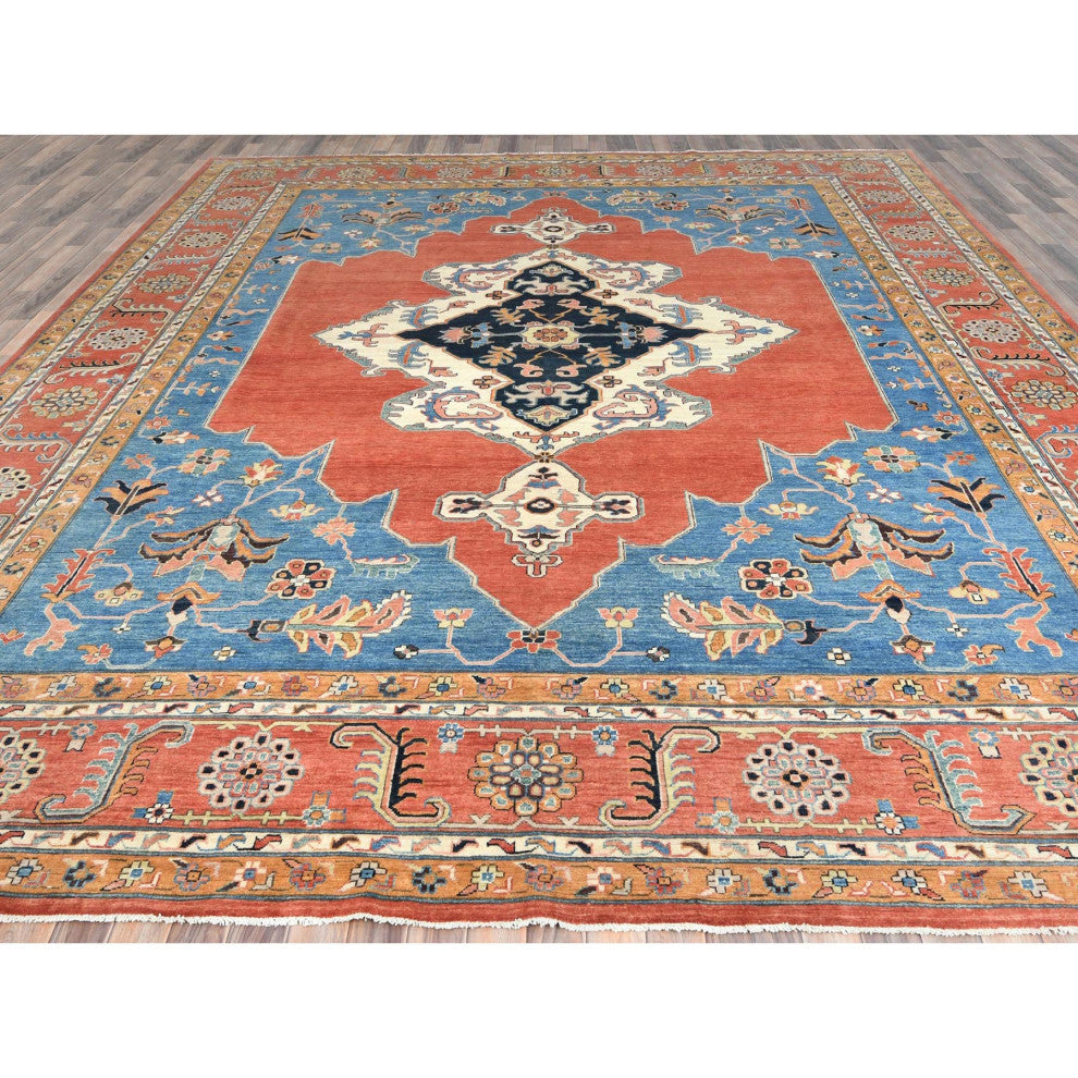 Imperial Red Afghan Peshawar Heriz Wool Hand Knotted Oriental Rug, 12'x14'7"