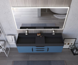 CastelloUSA Amazon 60" Wall Mounted Bathroom Vanity Set, Blue, Black Top, Black Handles