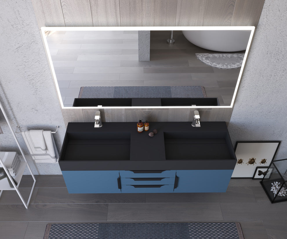 CastelloUSA Amazon 60" Wall Mounted Bathroom Vanity Set, Blue, Black Top, Black Handles