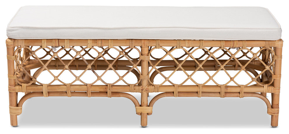 Steele Modern Bohemian Rattan Collection, White/Natural Brown, Bench