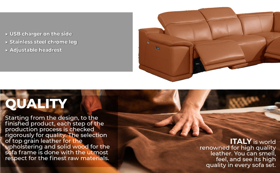Federico 5-Piece L-Shaped Top Grain Italian Leather Sectional, Beige