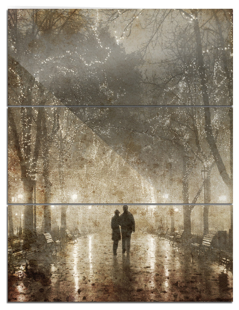 "Couple Walking in Night Lights" Photo Metal Wall Art, 3 Panels, 28"x36"