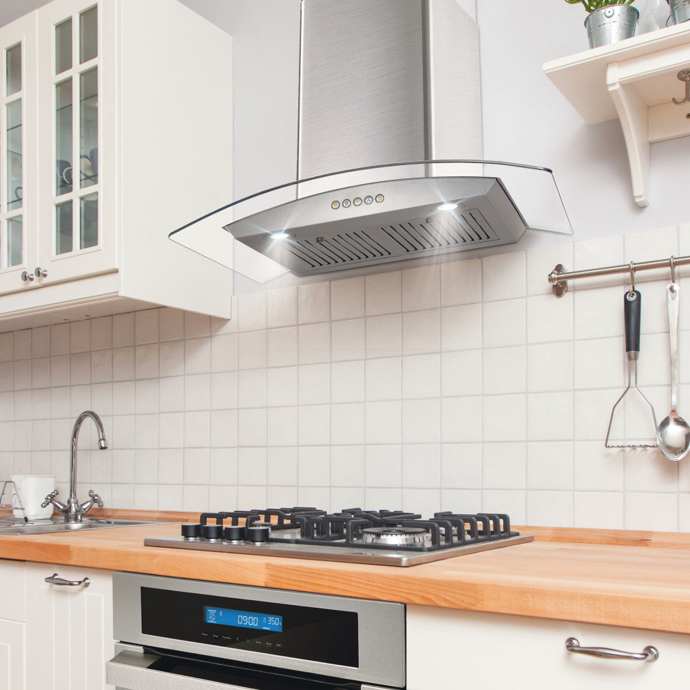 Cosmo 380 CFM Wall Mount Vent Range Hood With Permanent Filters & Glass Canopy, 30", Ducted