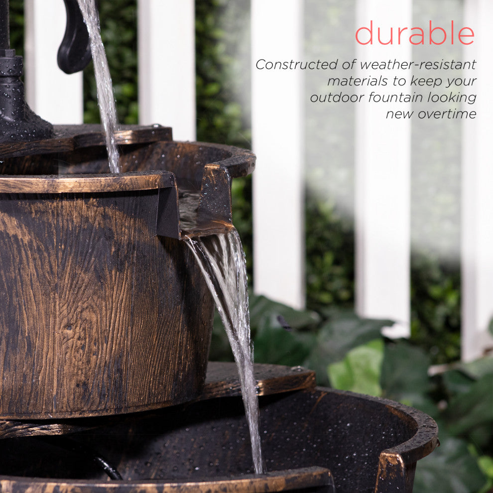 27" Tall 2-Tier Barrel and Pump Waterfall Fountain, Bronze Finish