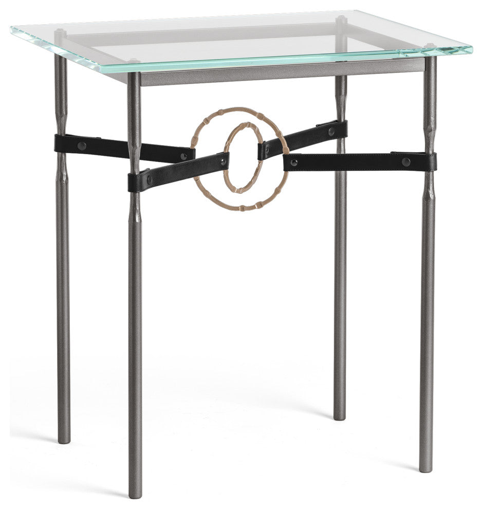 Equus Side Table, Dark Smoke Finish, Soft Gold Accents, Black Leather Strap