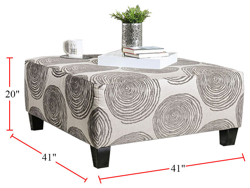 Fabric And Wooden Ottoman with Square Design, Gray