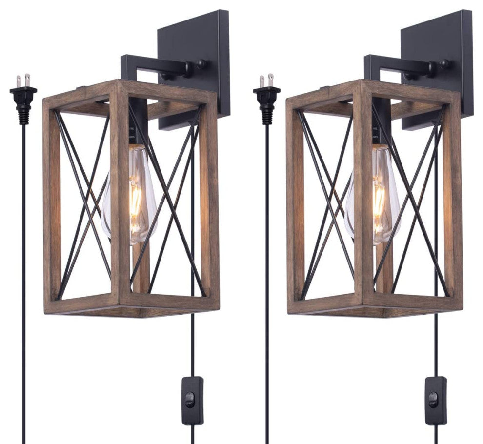 2 Pack Sconces Wall Lighting Plug In Cage Wood Black Wall Lamp