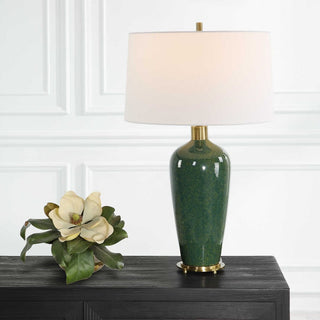 Classic Mottled Dark Green Gloss Ceramic Table Lamp 29 in Moss Antiqued Brass
