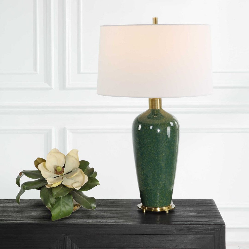 Classic Mottled Dark Green Gloss Ceramic Table Lamp 29 in Moss Antiqued Brass