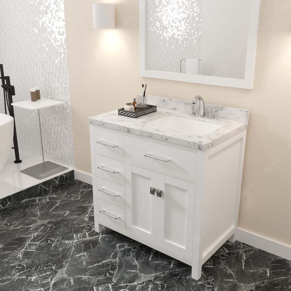 Caroline Parkway 36" Bath Vanity, White With Marble Quartz Top