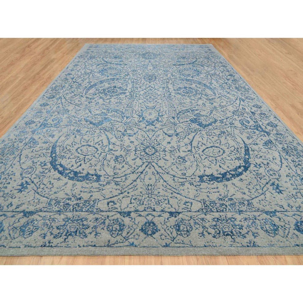 Gray, Fine Jacquard Hand Loomed, Wool and Silk, Oversized, Rug, 11'10" x 18'0"