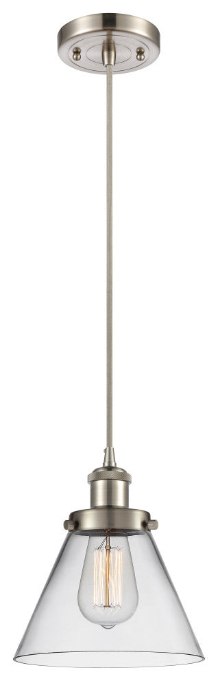 Large Cone 1-Light Mini Pendant, Brushed Satin Nickel, Clear