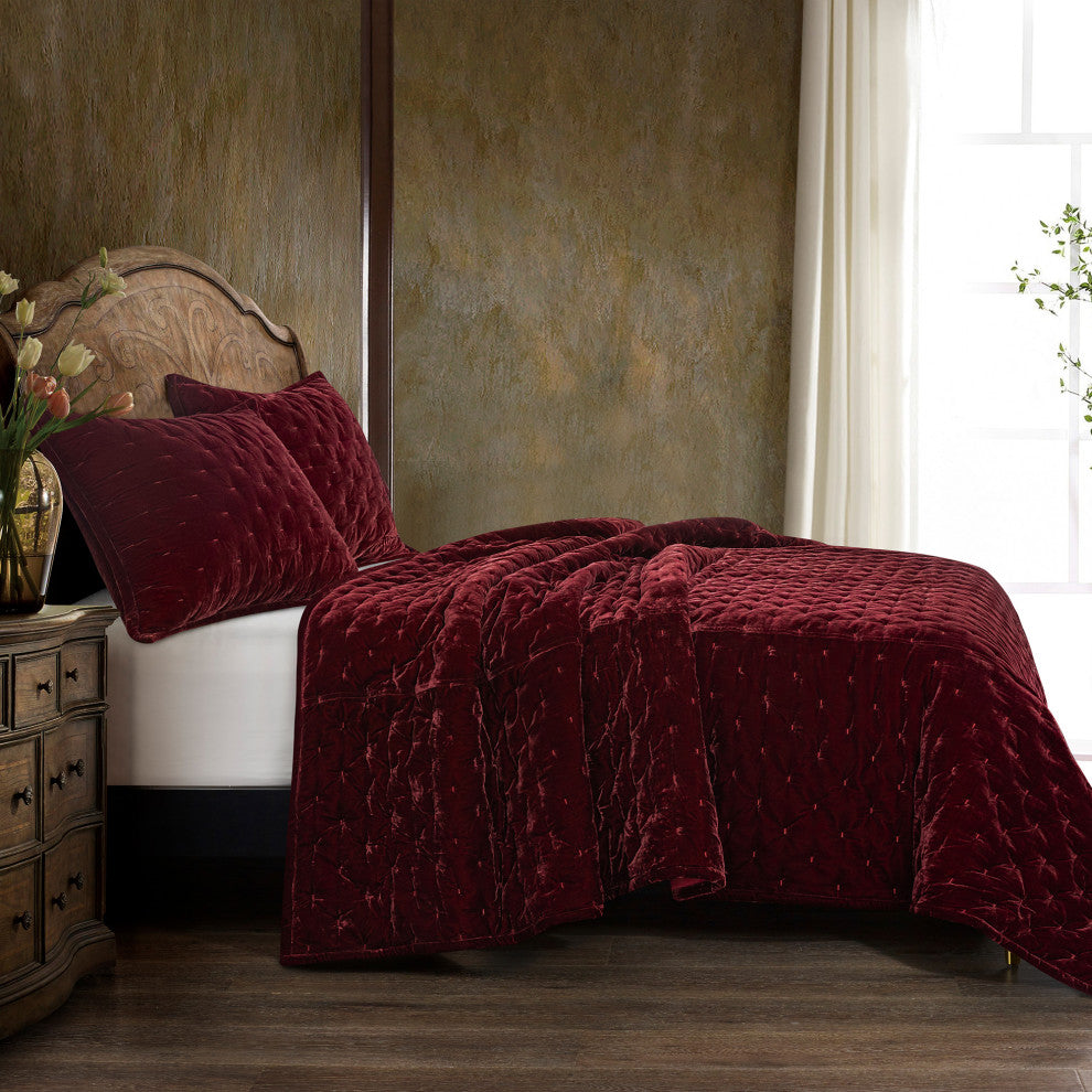 3-Piece HiEnd Accents Stella Faux Silk Velvet Quilt Set, Garnet Red, King