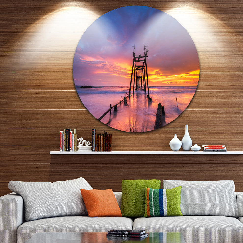 Broken Wooden Bridge At Sunset, Seascape Round Metal Wall Art, 11"