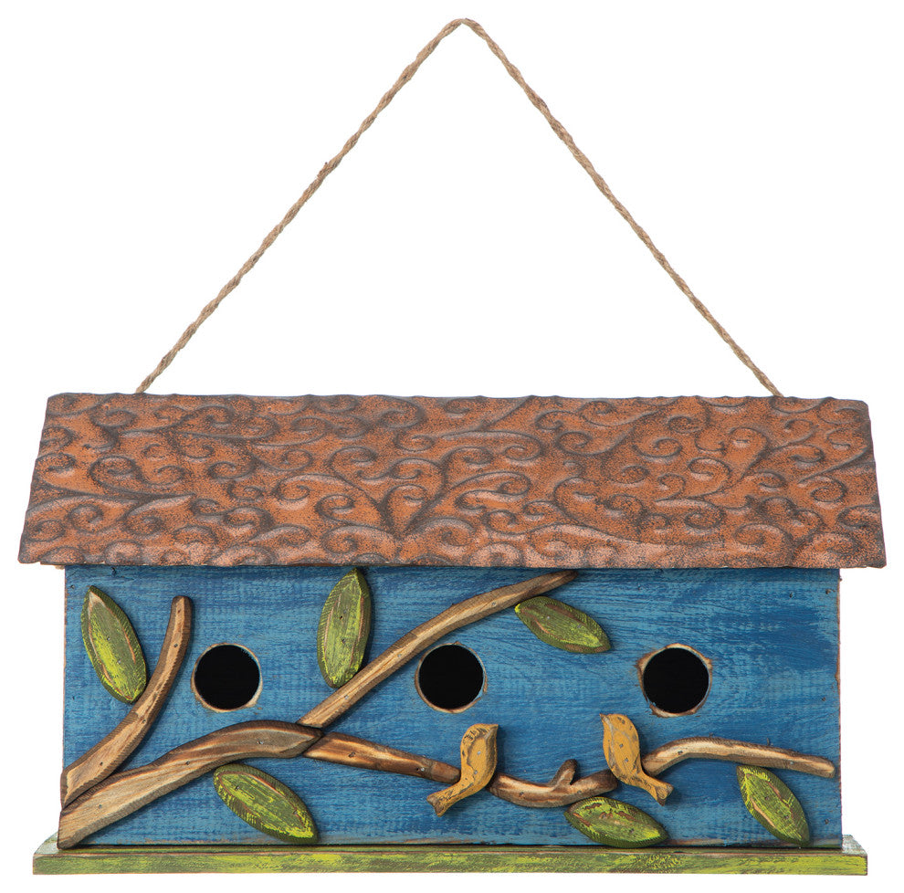 15.75"L Oversized Washed Blue Distressed Solid Wood Cottage Birdhouse