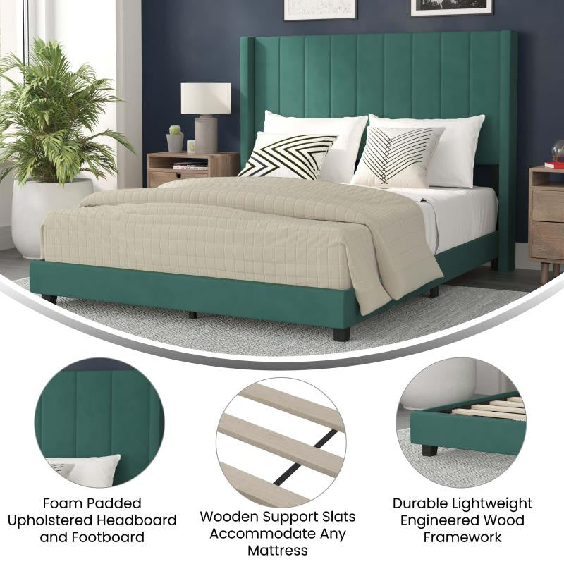 Bianca Upholstered Platform Bed w/Vertical Stitched Wingback Headboard, Emerald Velvet, Queen