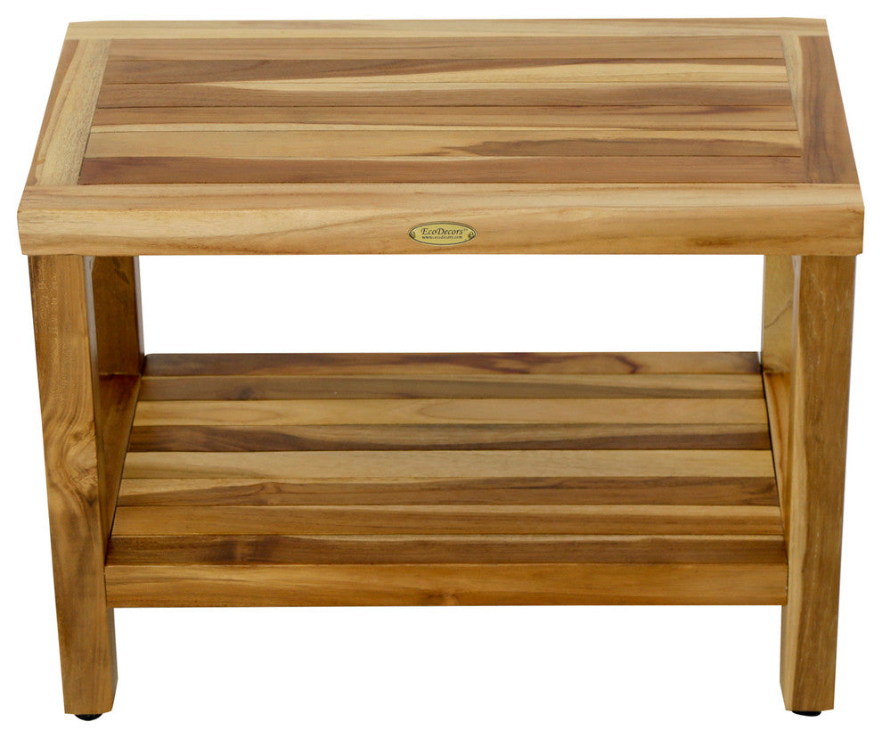 EcoDecors EarthyTeak Classic Teak Shower Bench With Shelf, 24"