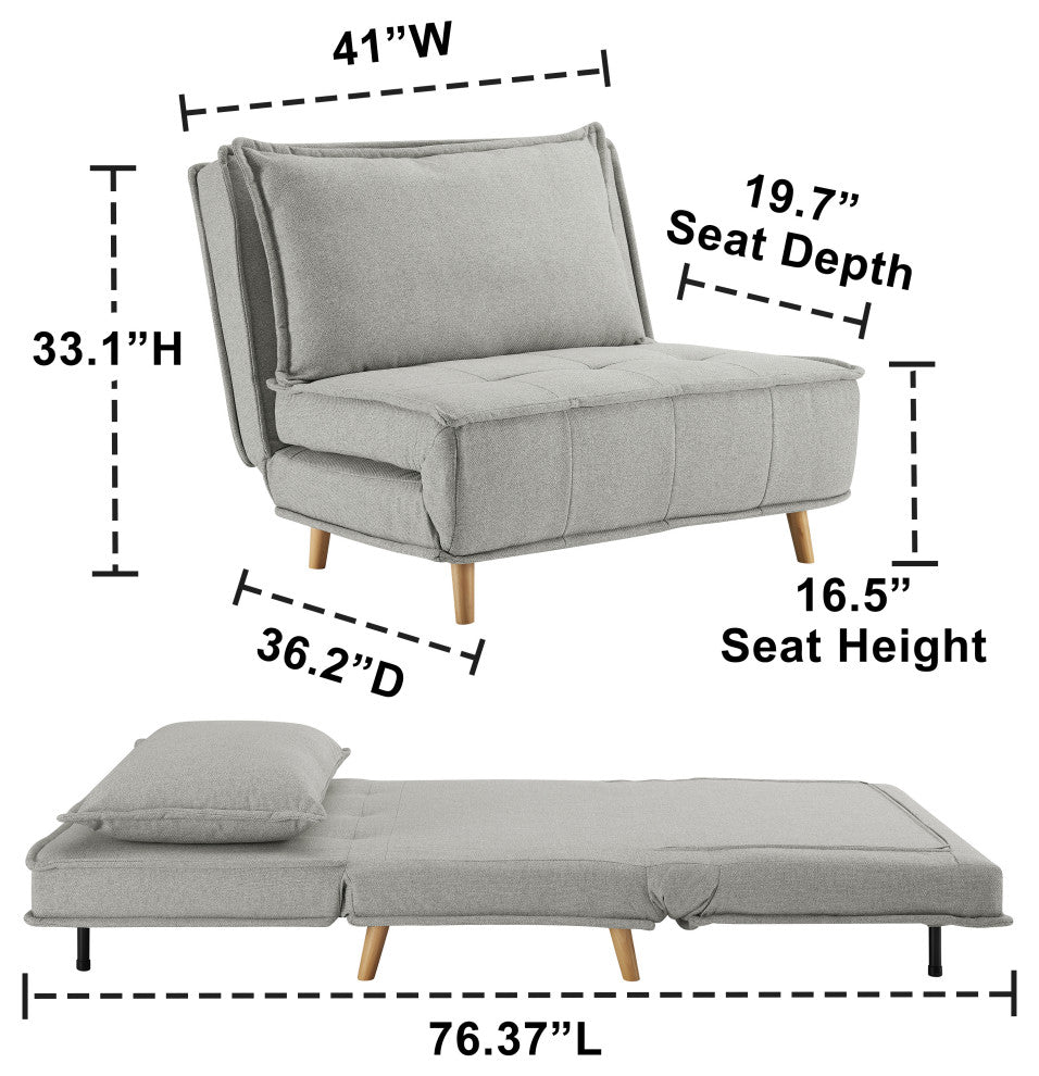 Modern Fabric Upholstered Convertible Sofa Bed Folding Sleeper Chair, Light Gray