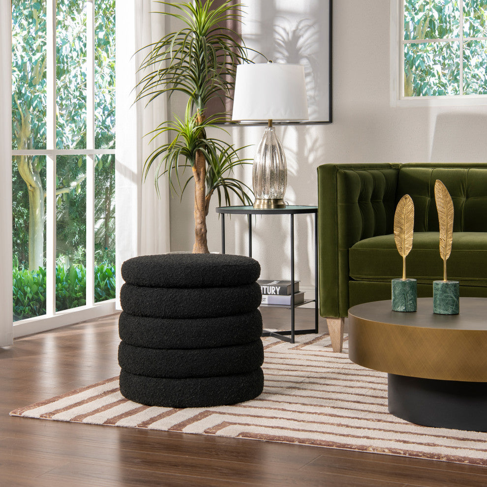 Fuji 19" Oversized Horizontal Tufted Round Storage Ottoman, Ebony Black Boucle